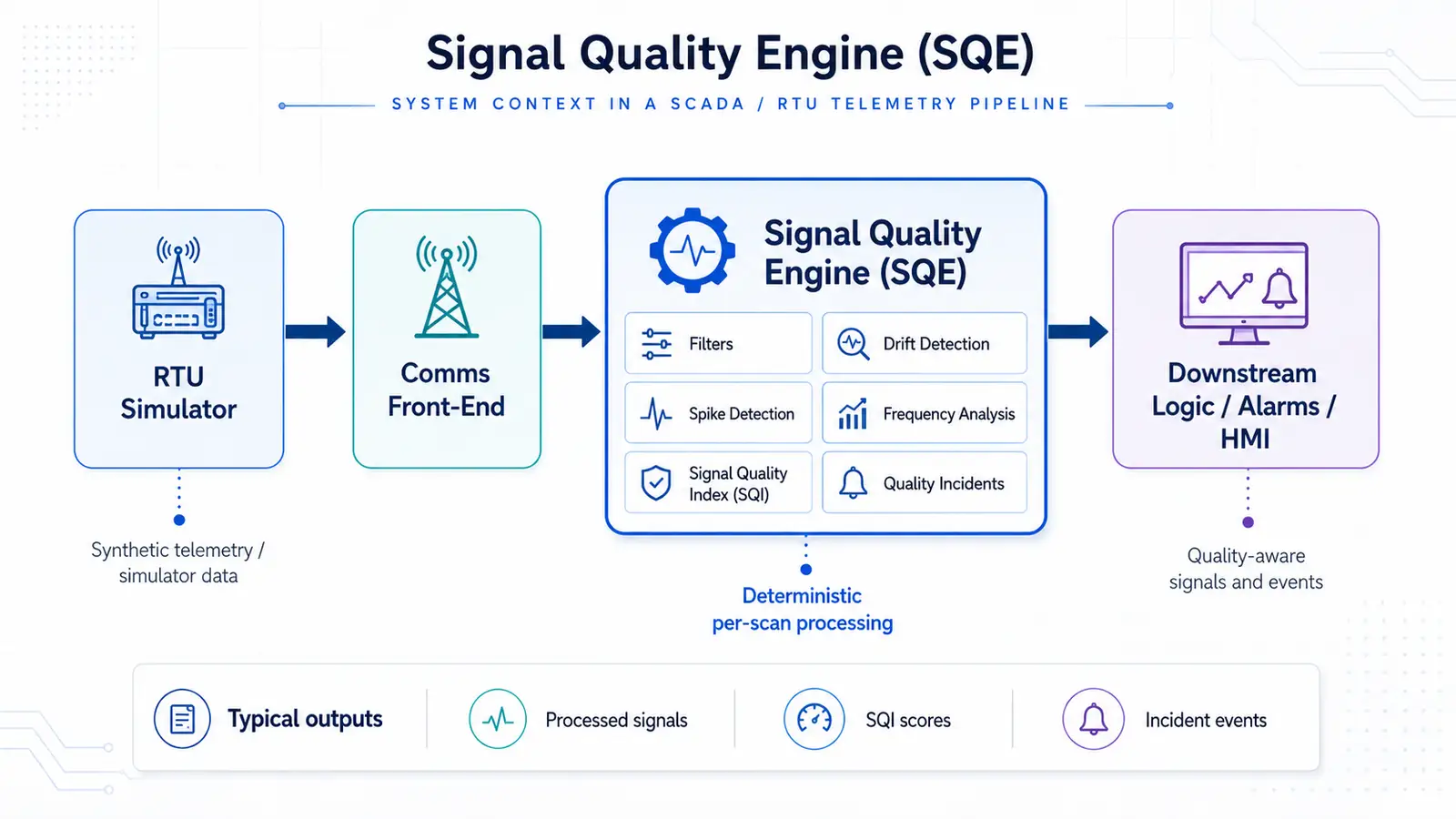 Signal Quality Engine system context diagram showing RTU simulator, comms front-end, SQE, and downstream logic